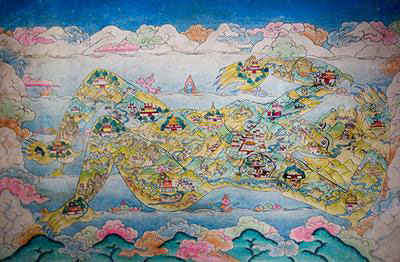 L'ogresse Sonmi sur laquelle est peinte la carte du Tibet