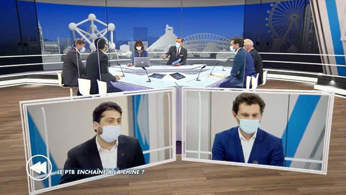 De gauche à droite : Emmanuel Wathelet, Nabil Boukili, les meneurs du débat, Samuel Cogolati et Philippe Hensmans. En médaillon : Nabil Boukili et Samuel Cogolati.