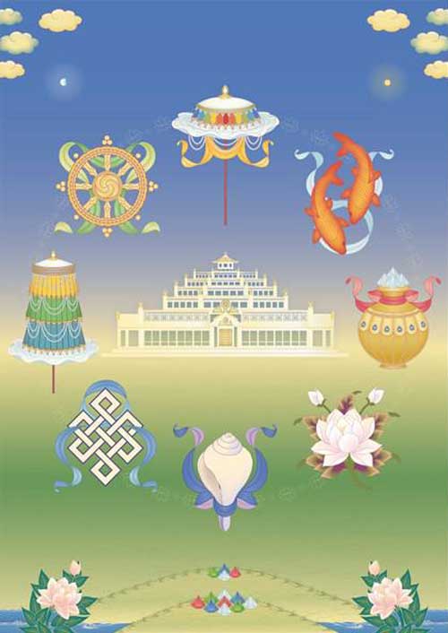 Les huit symboles du Tibet autour d'un temple lamaïste