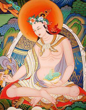 Tangkha représentant Yeshe Tsogyal, une compagne de Padmasambhava (Guru Rinpoche). Source : Wikimedia commons, auteur Bibek45