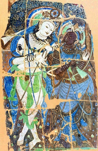 L’une des extraordinaires peintures des grottes de Kizil, datant du IIIe siècle de l’ère chrétienne L’une des extraordinaires peintures des grottes de Kizil, datant du IIIe siècle de l’ère chrétienne